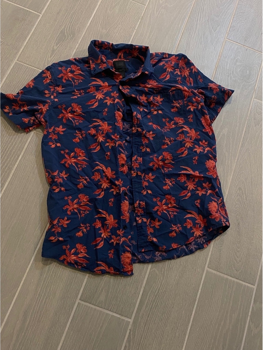 14th & Union Men's Navy Blue Floral Short Sleeve Shirt Large